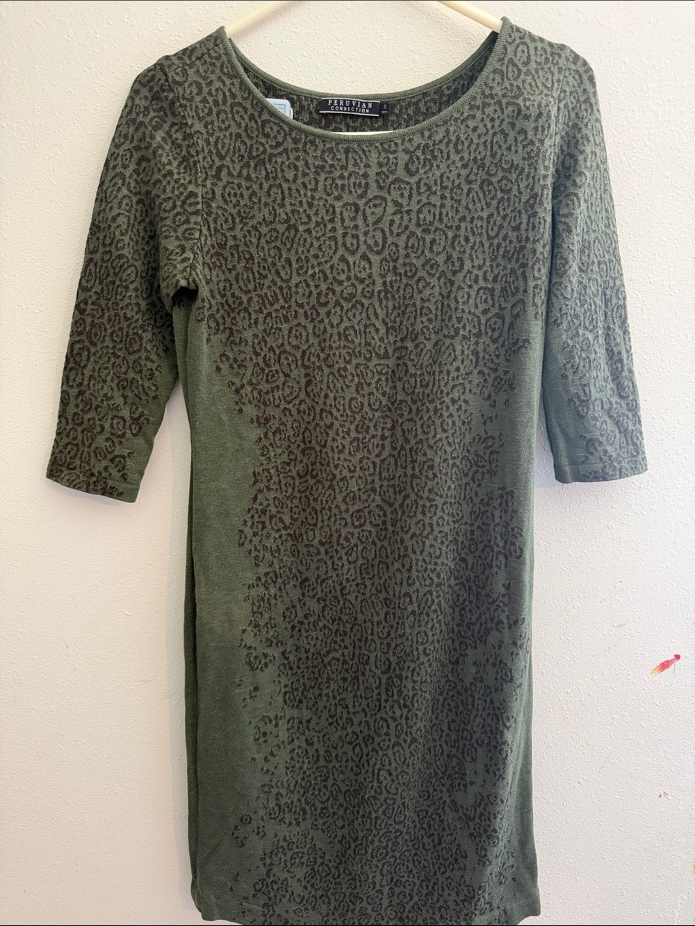 Peruvian Connection Olive and Dark Brown Leopard-Print Knit Midi Dress